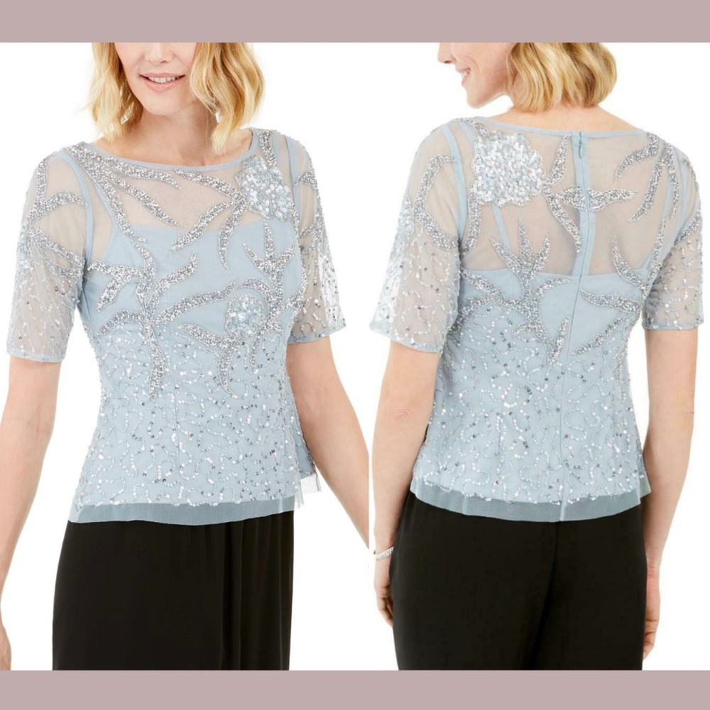 NWT $149 Adrianna Papell [ 2 ] Beaded Illusion‎ Top in Blue Heather